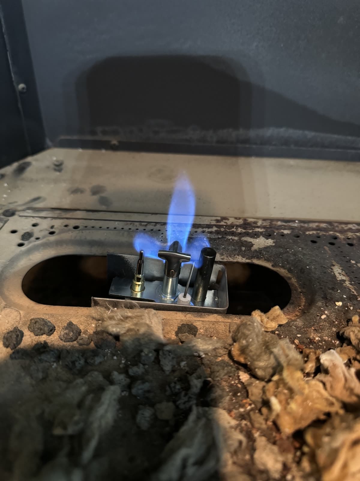 Close-up of a lit gas fireplace pilot burning clean blue, with the thermocouple and thermopile visible beside it and dust and broken lava rock across the burner pan